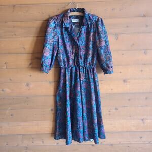 Vintage 80's Floral Fit Flare Midi Tapestry Jewel Tone Collared 70s 80s Flower